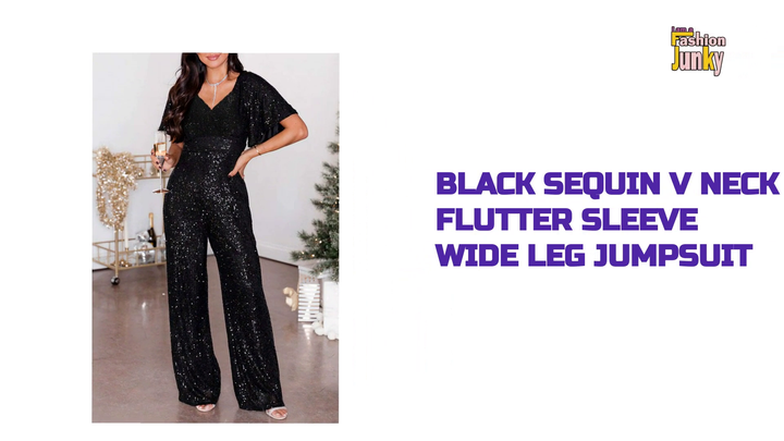 Black Sequin V Neck Flutter Sleeve Wide Leg Jumpsuit by@Outfy