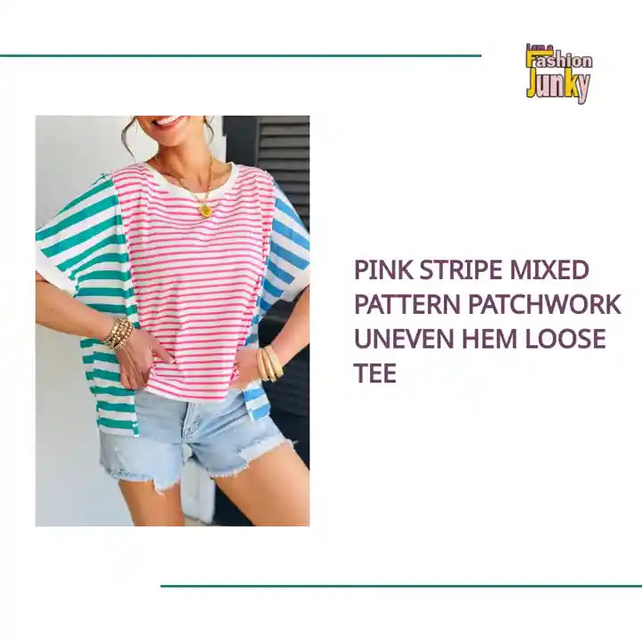 Pink Stripe Mixed Pattern Patchwork Uneven Hem Loose Tee by@Outfy