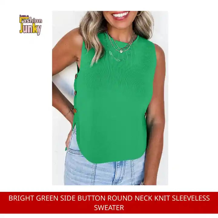 Bright Green Side Button Round Neck Knit Sleeveless Sweater by@Outfy