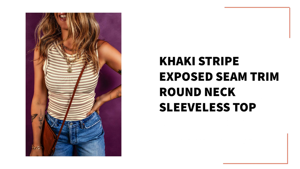 Khaki Stripe Exposed Seam Trim Round Neck Sleeveless Top by@Outfy