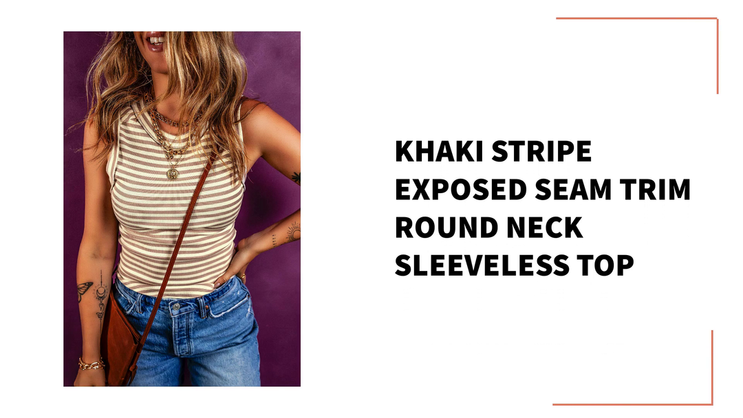Khaki Stripe Exposed Seam Trim Round Neck Sleeveless Top by@Outfy