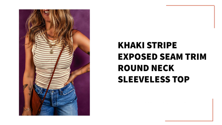 Khaki Stripe Exposed Seam Trim Round Neck Sleeveless Top by@Outfy