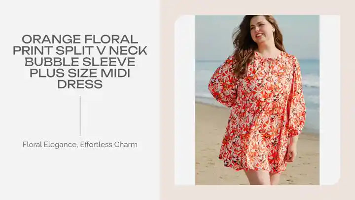 Orange Floral Print Split V Neck Bubble Sleeve Plus Size Midi Dress by@Outfy