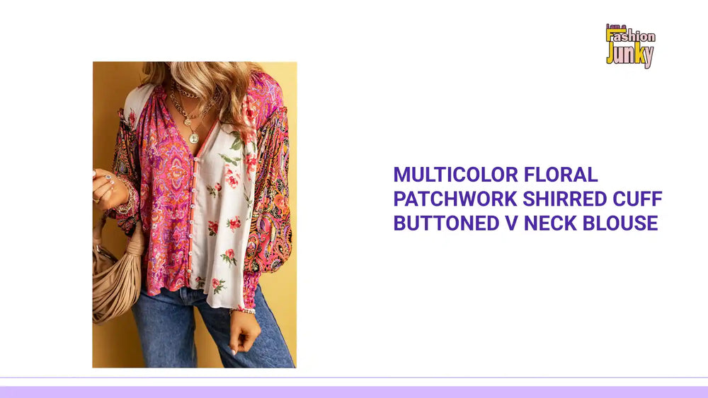 Multicolor Floral Patchwork Shirred Cuff Buttoned V Neck Blouse by@Outfy