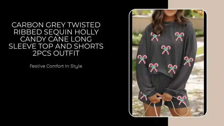 Carbon Grey Twisted Ribbed Sequin Holly Candy Cane Long Sleeve Top and Shorts 2pcs Outfit by@Outfy