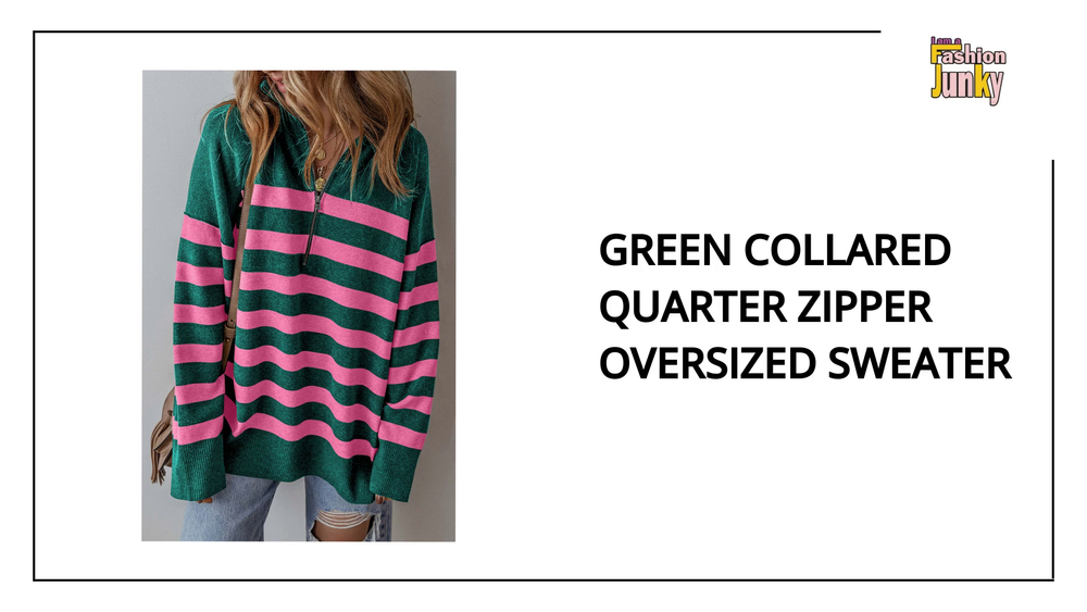 Green Collared Quarter Zipper Oversized Sweater by@Outfy