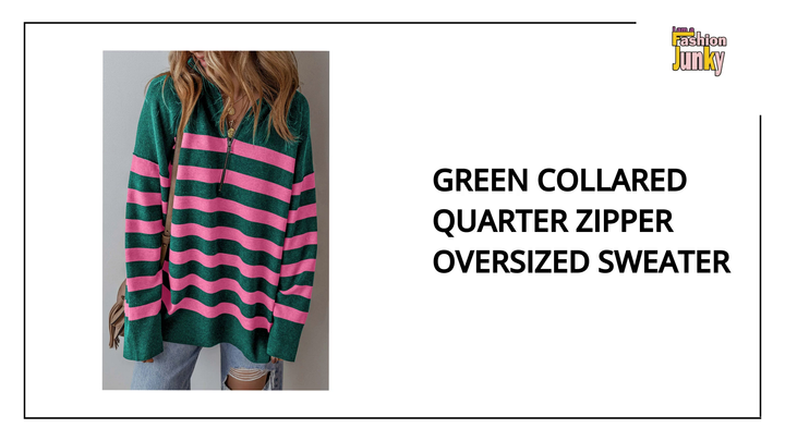 Green Collared Quarter Zipper Oversized Sweater by@Outfy