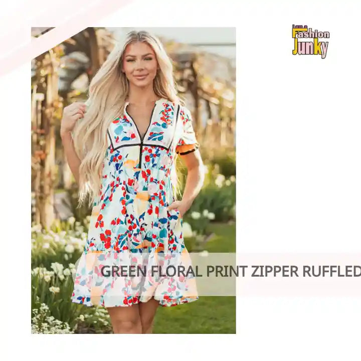 Green Floral Print Zipper Ruffled Short Sleeve High Waist Mini Dress by@Outfy