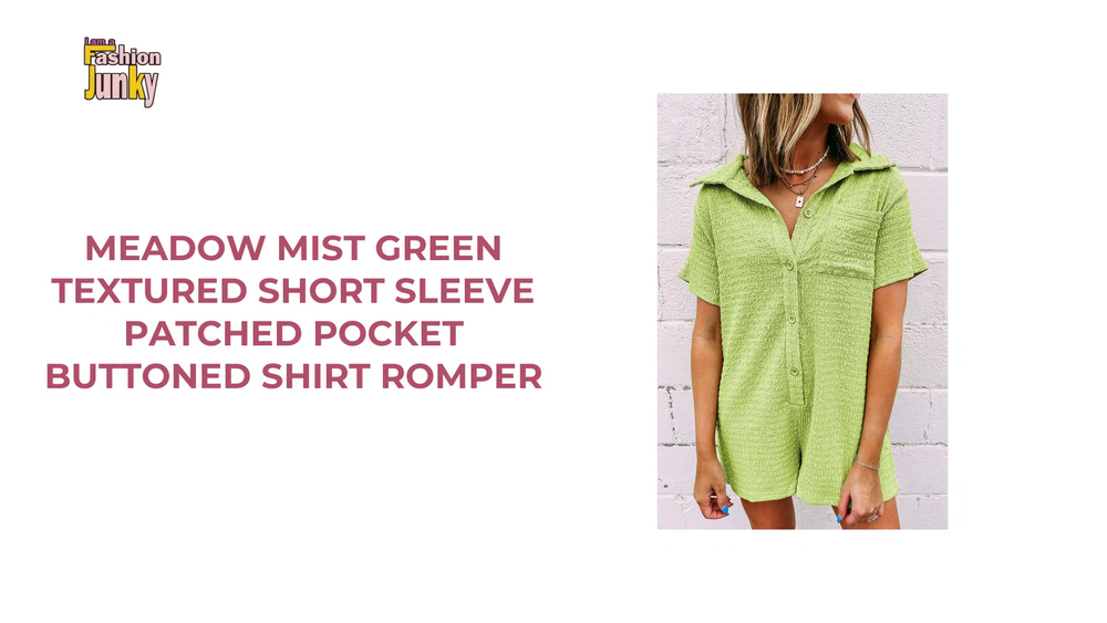 Meadow Mist Green Textured Short Sleeve Patched Pocket Buttoned Shirt Romper by@Outfy