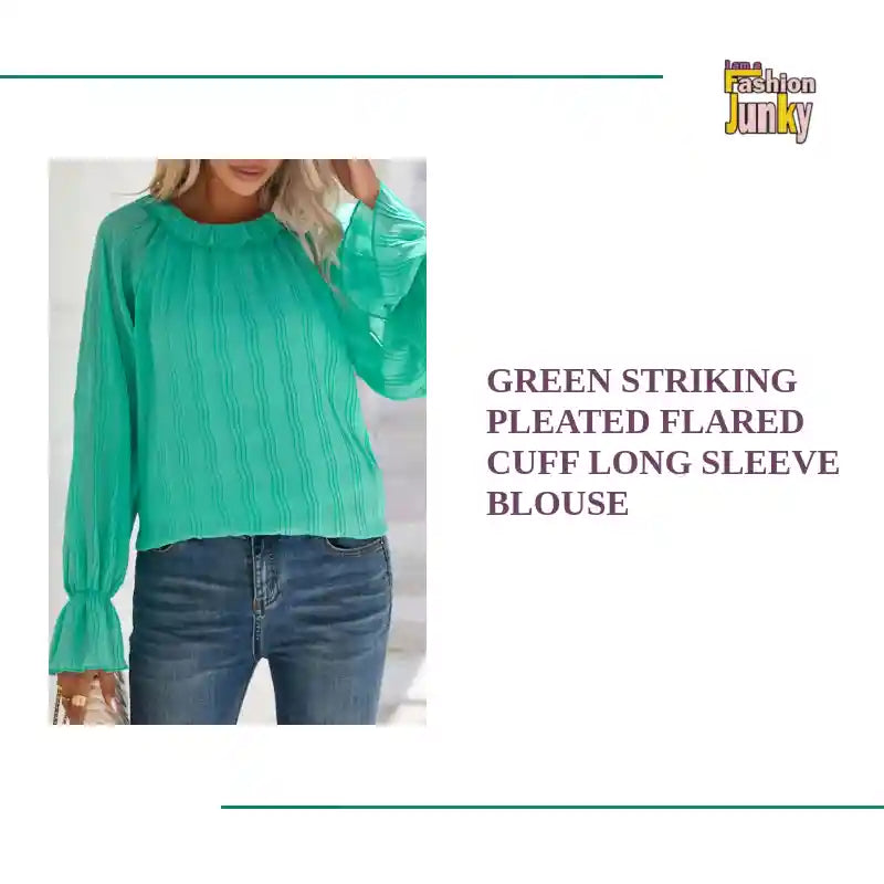 Green Striking Pleated Flared Cuff Long Sleeve Blouse by@Outfy