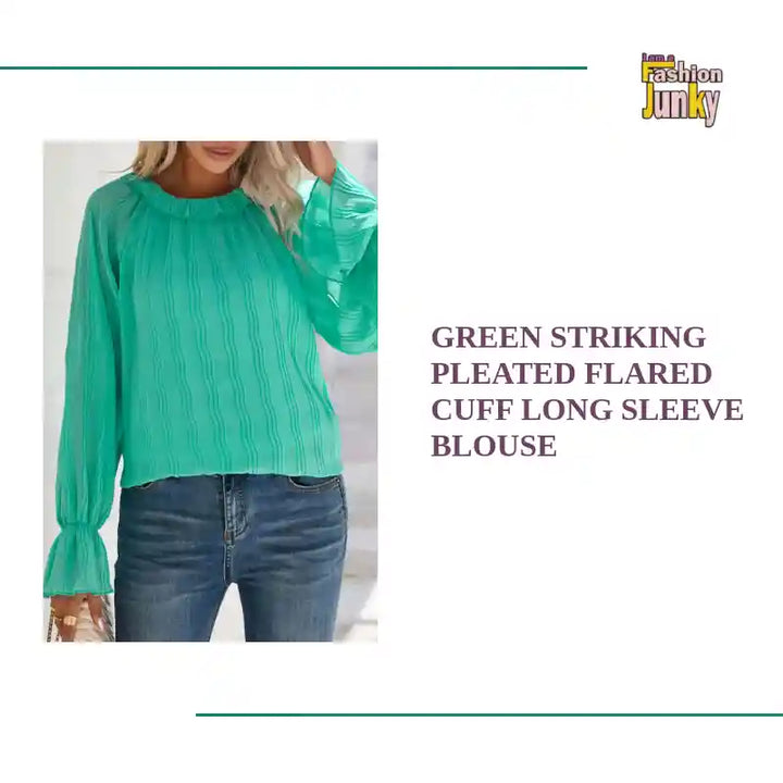 Green Striking Pleated Flared Cuff Long Sleeve Blouse by@Outfy