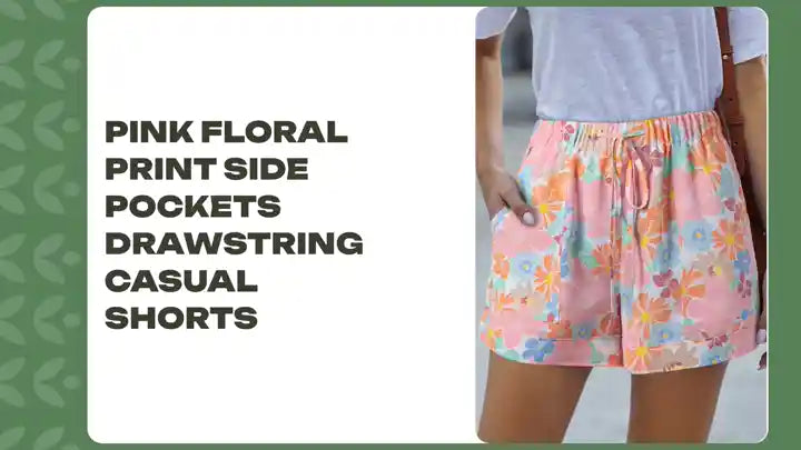 Pink Floral Print Side Pockets Drawstring Casual Shorts by@Outfy