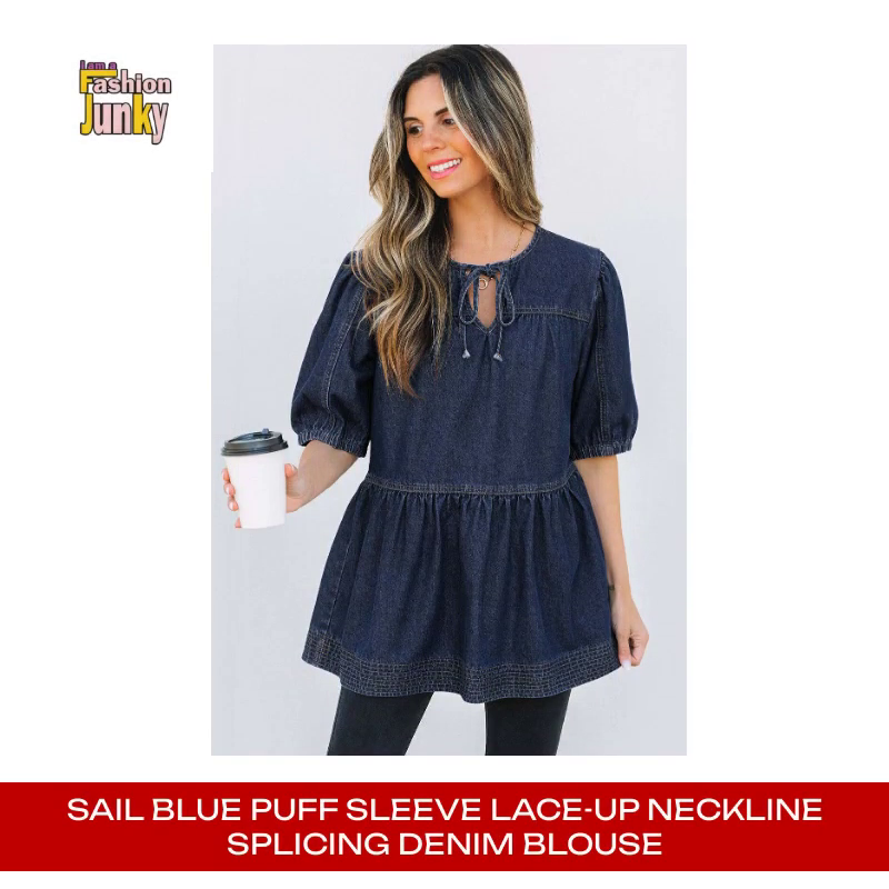 Sail Blue Puff Sleeve Lace-up Neckline Splicing Denim Blouse by@Outfy
