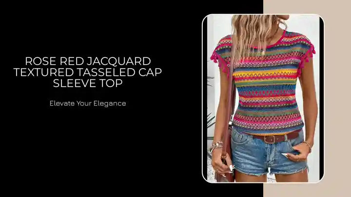 Rose Red Jacquard Textured Tasseled Cap Sleeve Top by@Outfy