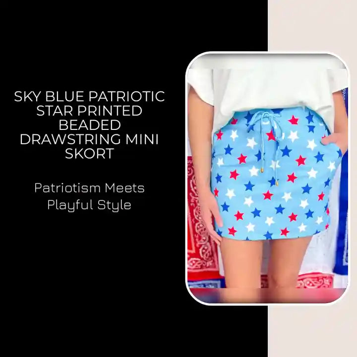 Sky Blue Patriotic Star Printed Beaded Drawstring Mini Skort by@Outfy