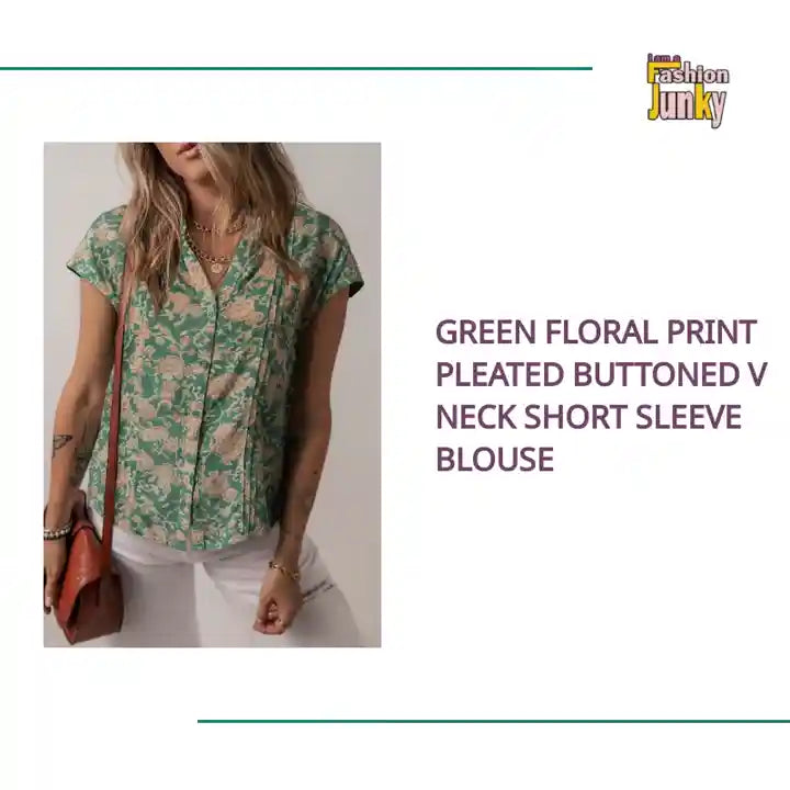 Green Floral Print Pleated Buttoned V Neck Short Sleeve Blouse by@Outfy