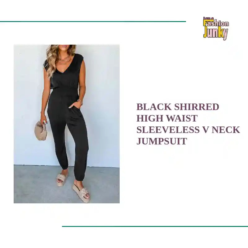 Black Shirred High Waist Sleeveless V Neck Jumpsuit by@Outfy