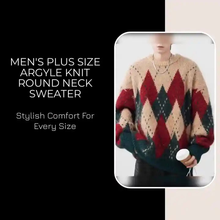 Men's Plus Size Argyle Knit Round Neck Sweater by@Outfy
