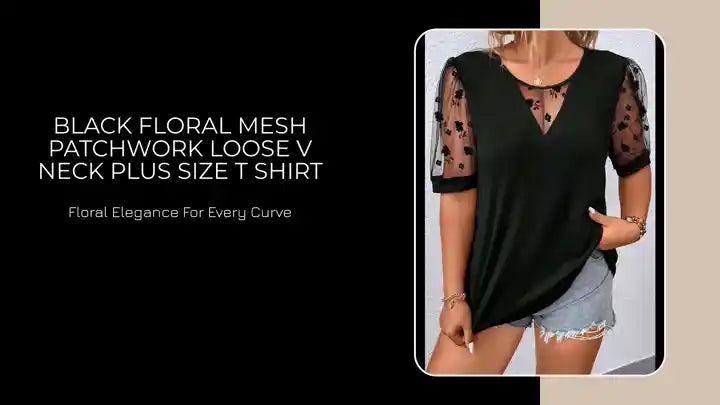 Black Floral Mesh Patchwork Loose V Neck Plus Size T Shirt by@Outfy