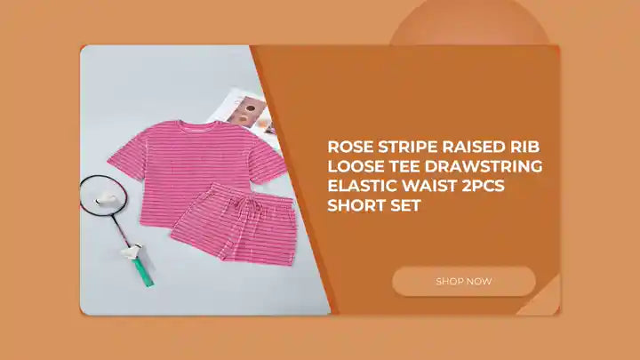 Rose Stripe Raised Rib Loose Tee Drawstring Elastic Waist 2pcs Short Set by@Outfy