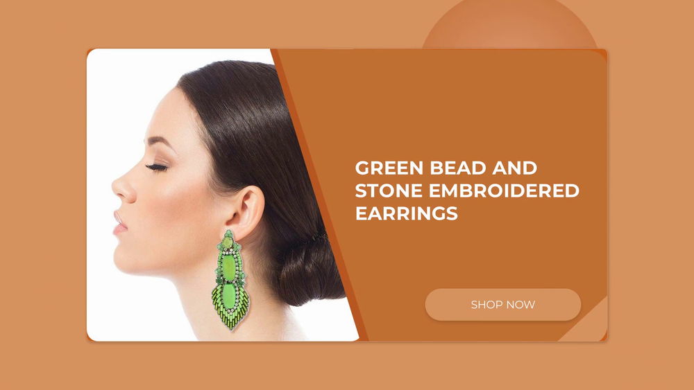 Green Bead and Stone Embroidered Earrings by@Outfy