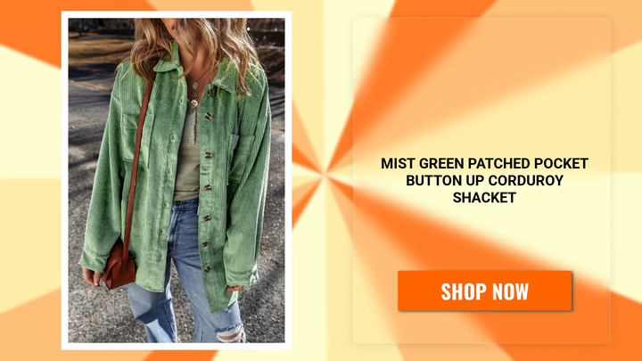 Mist Green Patched Pocket Button Up Corduroy Shacket by@Outfy