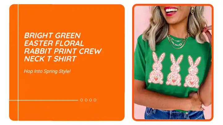 Bright Green Easter Floral Rabbit Print Crew Neck T Shirt by@Outfy
