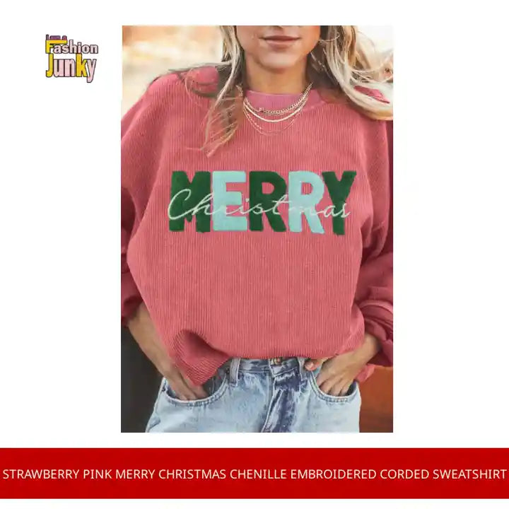 Strawberry Pink MERRY Christmas Chenille Embroidered Corded Sweatshirt by@Outfy