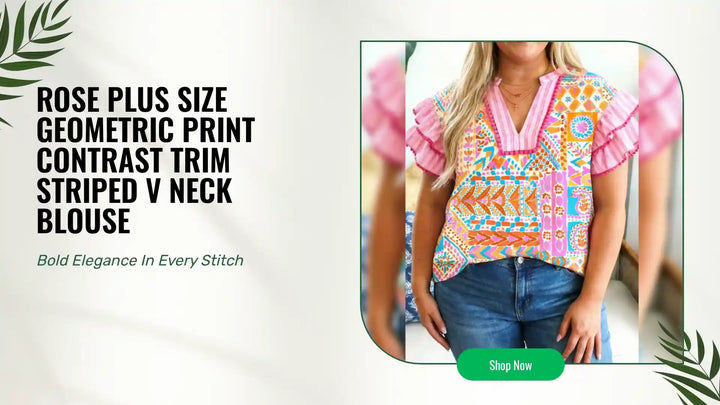 Rose Plus Size Geometric Print Contrast Trim Striped V Neck Blouse by@Outfy