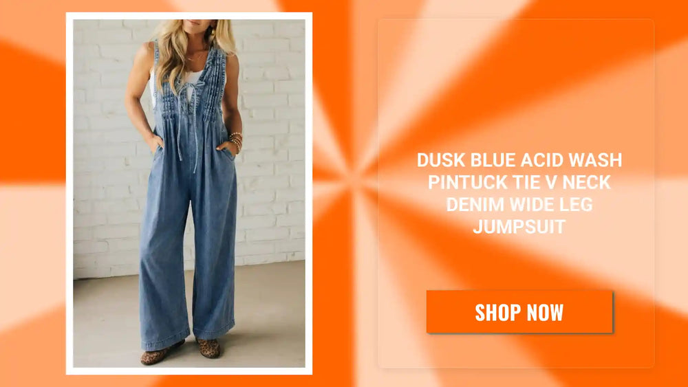 Dusk Blue Acid Wash Pintuck Tie V Neck Denim Wide Leg Jumpsuit by@Outfy