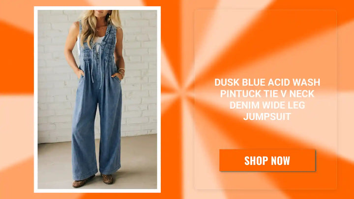 Dusk Blue Acid Wash Pintuck Tie V Neck Denim Wide Leg Jumpsuit by@Outfy