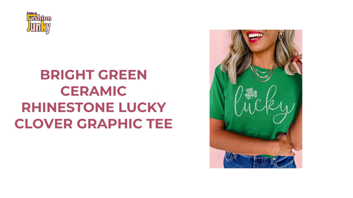 Bright Green Ceramic Rhinestone Lucky Clover Graphic Tee by@Outfy