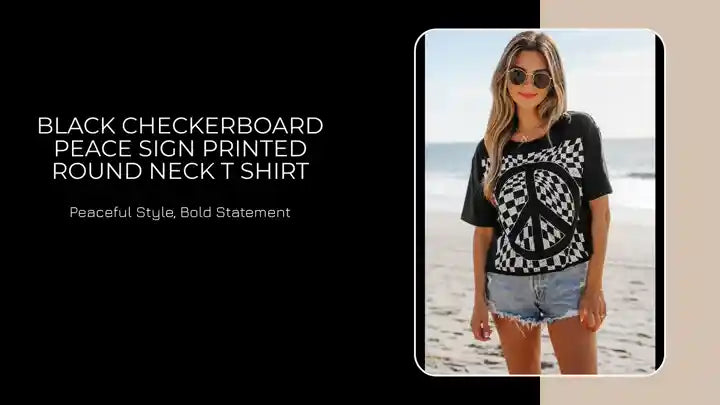 Black Checkerboard Peace Sign Printed Round Neck T Shirt by@Outfy