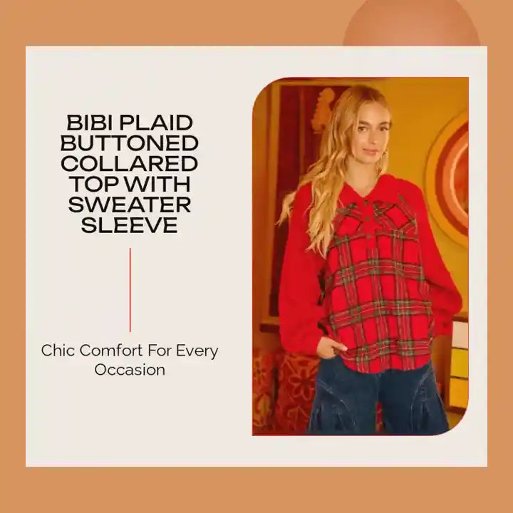 BiBi Plaid Buttoned Collared Top with Sweater Sleeve by@Outfy