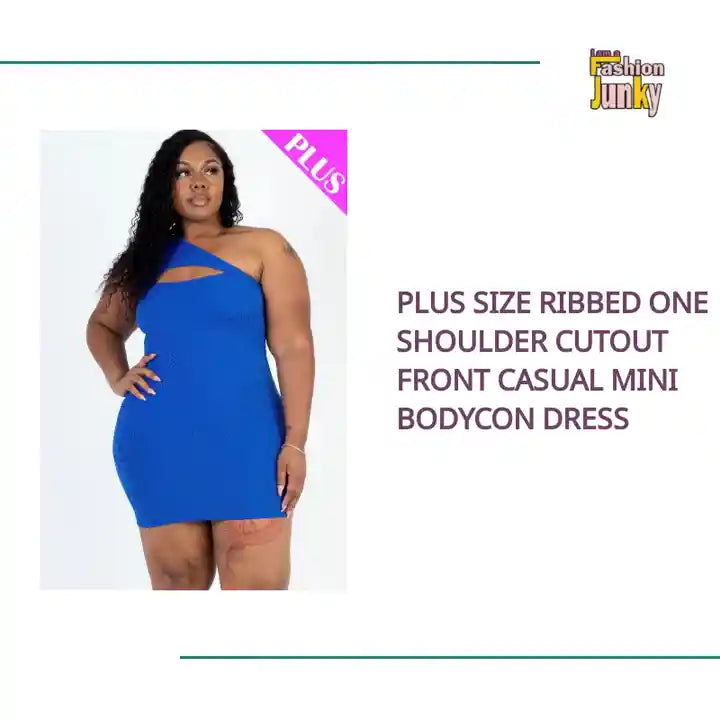 Plus Size Ribbed One Shoulder Cutout Front Casual Mini Bodycon Dress by@Outfy