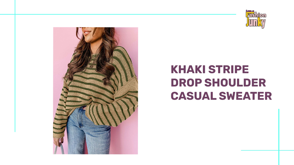 Khaki Stripe Drop Shoulder Casual Sweater by@Outfy