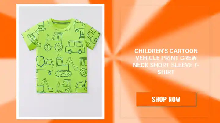 Children's Cartoon Vehicle Print Crew Neck Short Sleeve T-Shirt by@Outfy