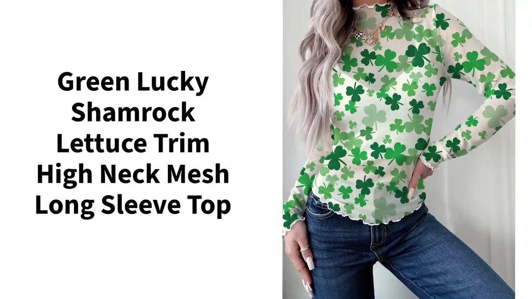 Green Lucky Shamrock Lettuce Trim High Neck Mesh Long Sleeve Top by@Outfy