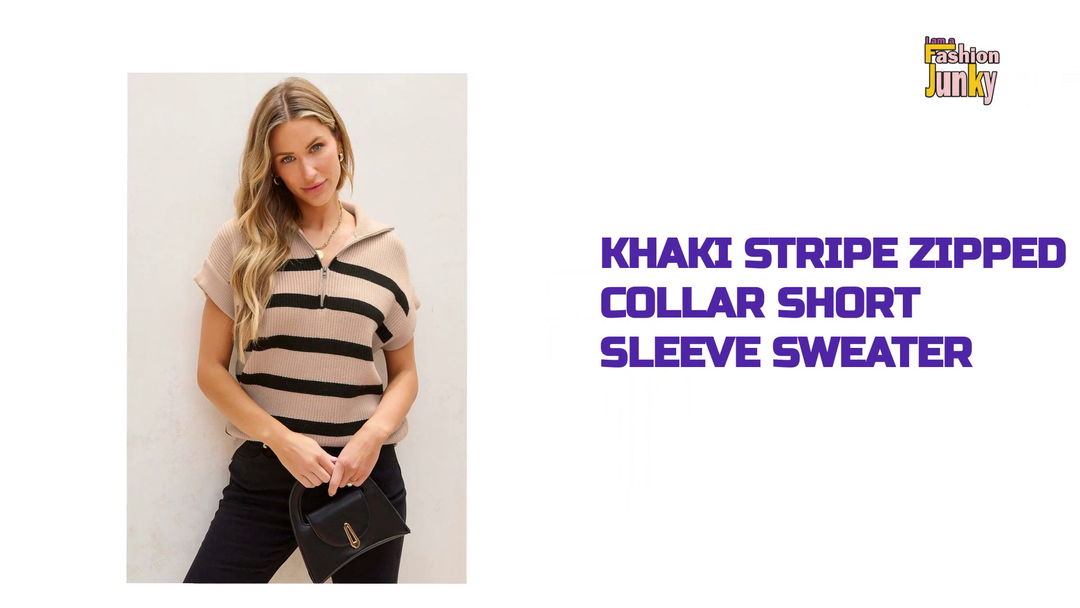Khaki Stripe Zipped Collar Short Sleeve Sweater by@Outfy