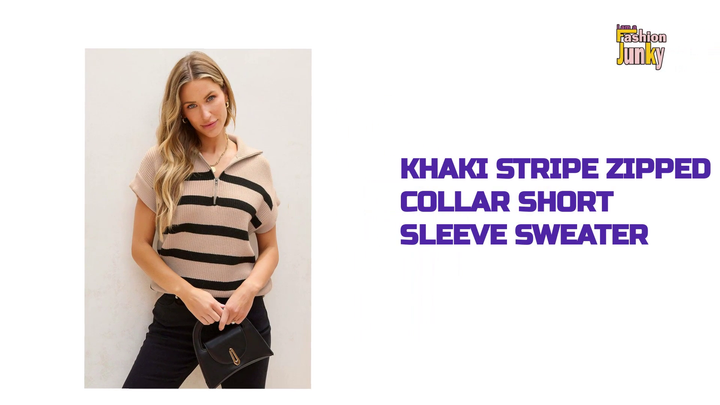 Khaki Stripe Zipped Collar Short Sleeve Sweater by@Outfy