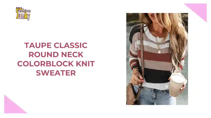 Taupe Classic Round Neck Colorblock Knit Sweater by@Outfy