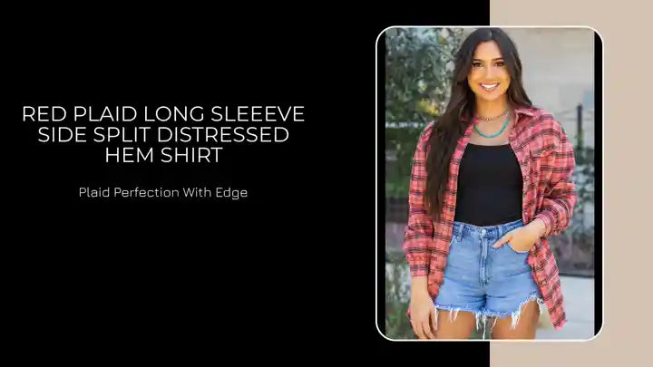 Red Plaid Long Sleeeve Side Split Distressed Hem Shirt by@Outfy