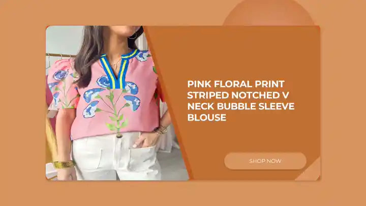 Pink Floral Print Striped Notched V Neck Bubble Sleeve Blouse by@Outfy