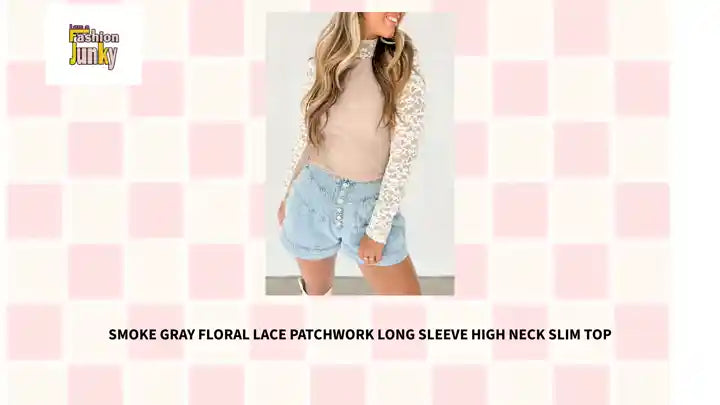 Smoke Gray Floral Lace Patchwork Long Sleeve High Neck Slim Top by@Outfy