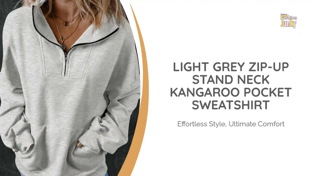 Light Grey Zip-up Stand Neck Kangaroo Pocket Sweatshirt by@Outfy