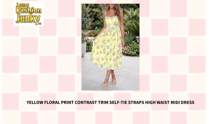 Yellow Floral Print Contrast Trim Self-tie Straps High Waist Midi Dress by@Outfy