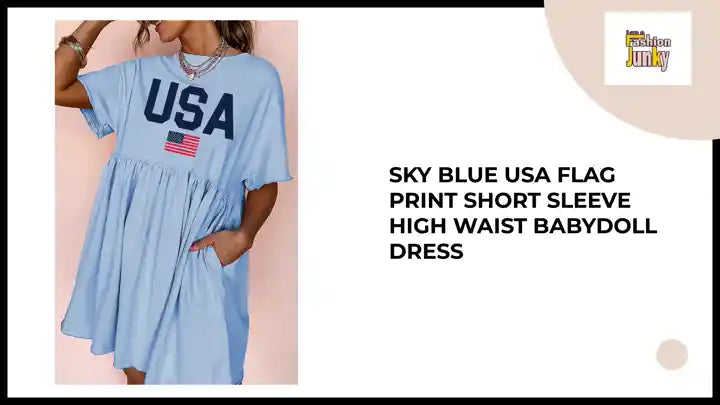 Sky Blue USA Flag Print Short Sleeve High Waist Babydoll Dress by@Outfy