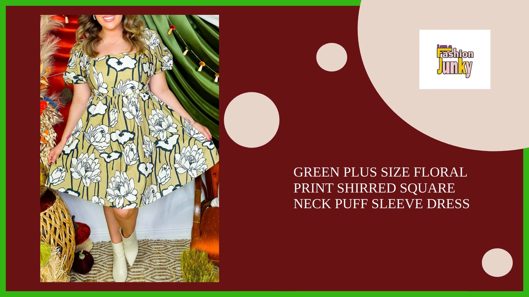 Green Plus Size Floral Print Shirred Square Neck Puff Sleeve Dress by@Outfy