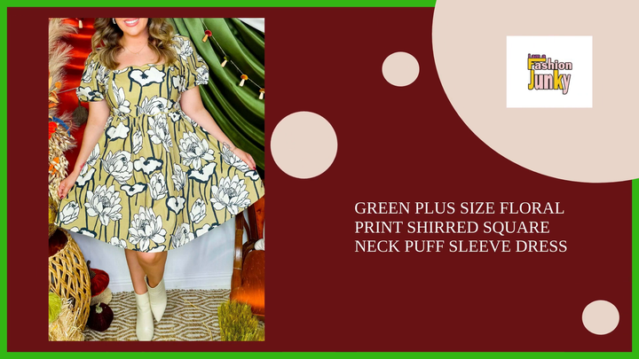 Green Plus Size Floral Print Shirred Square Neck Puff Sleeve Dress by@Outfy