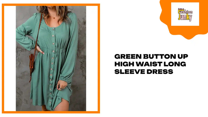 Green Button Up High Waist Long Sleeve Dress by@Outfy